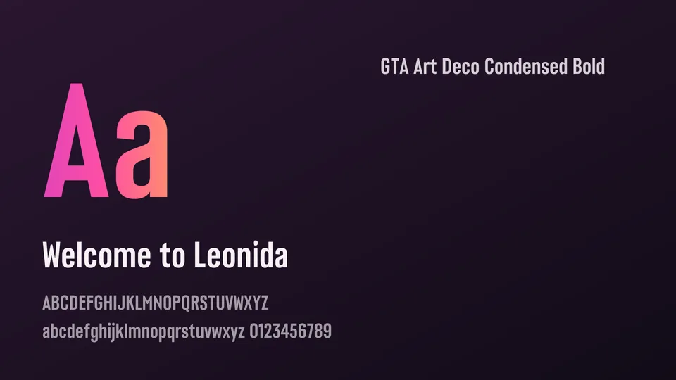 Type specimen for GTA Art Deco Condensed Bold