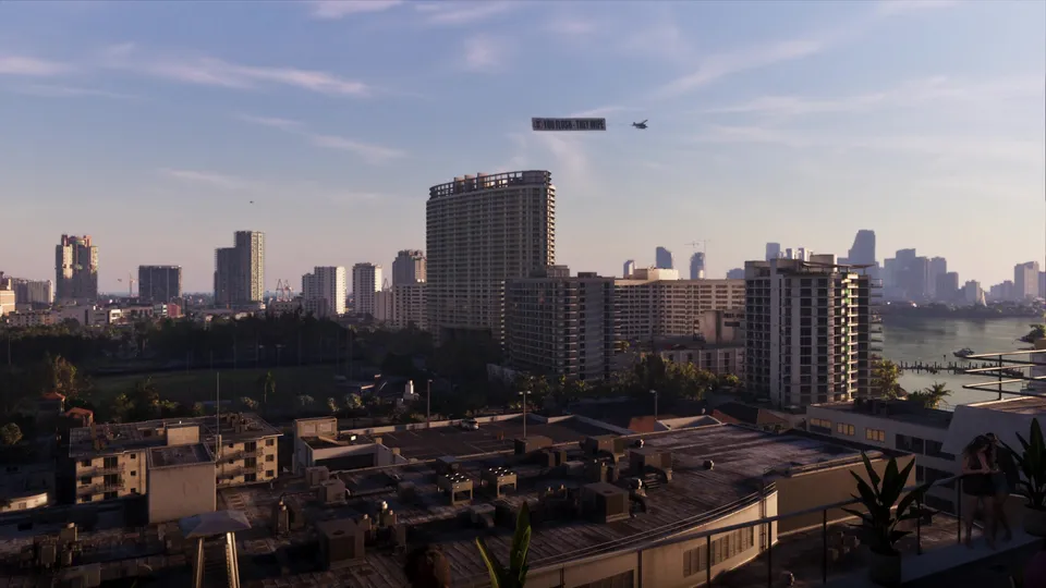 Grand Theft Auto VI: An Extended Look, a sunlit view over the Vice City skyline.
