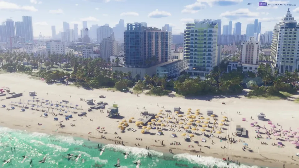 Grand Theft Auto VI Trailer 1: an aerial shot over a crowded Vice City beach.