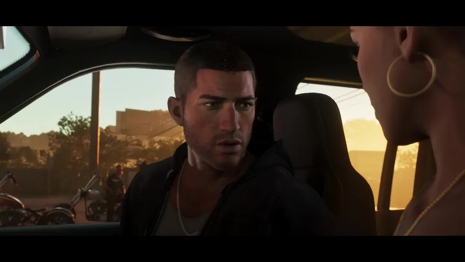 Grand Theft Auto VI Trailer 2: Jason in the driver's seat at sunset, Lucia beside him.